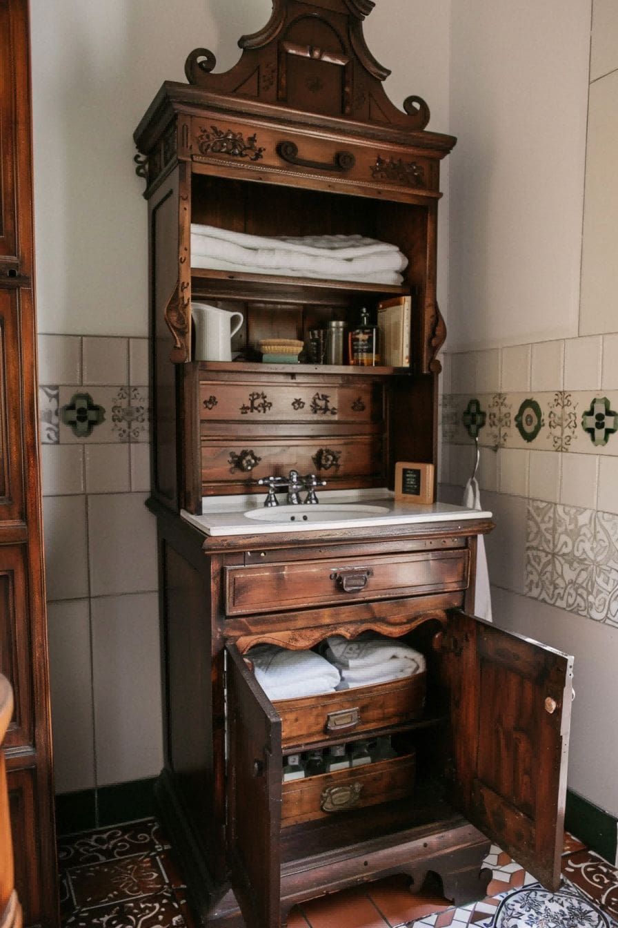 Add Whimsy With a Vintage Hutch For Small Bathroom De 1711249282 3