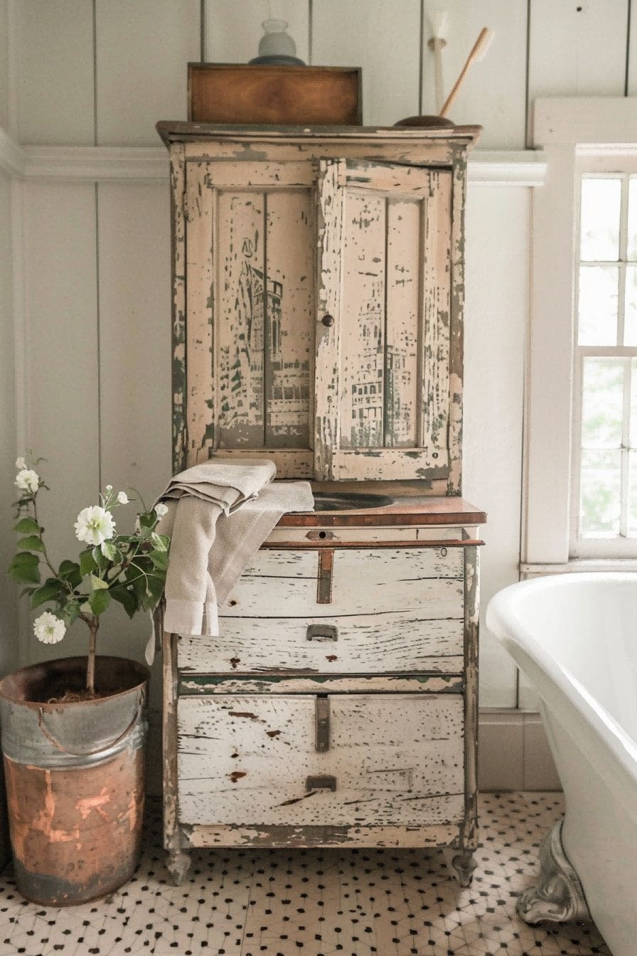 Add a Vintage Cabinet For farmhouse bathroom ideas 1711287083 1