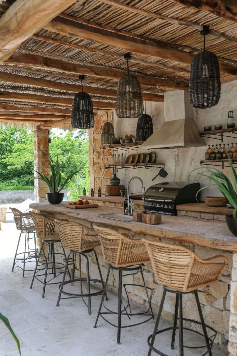 Covered Outdoor Kitchen With Wicker Barstools 1710502130 1