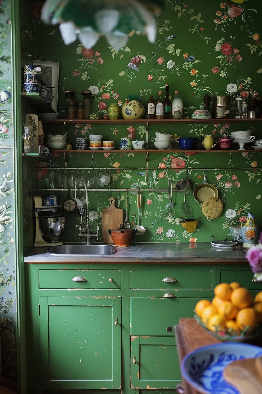 Green Patterned Wallpaper for Olive Green Kitchen 1710821005 3