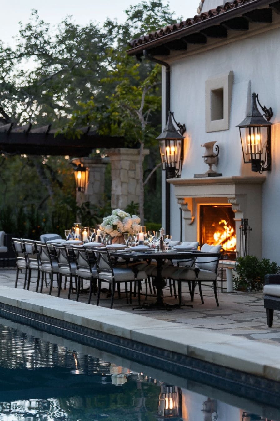 Outdoor Dining Area With Fireplace and pool 1710506774 1