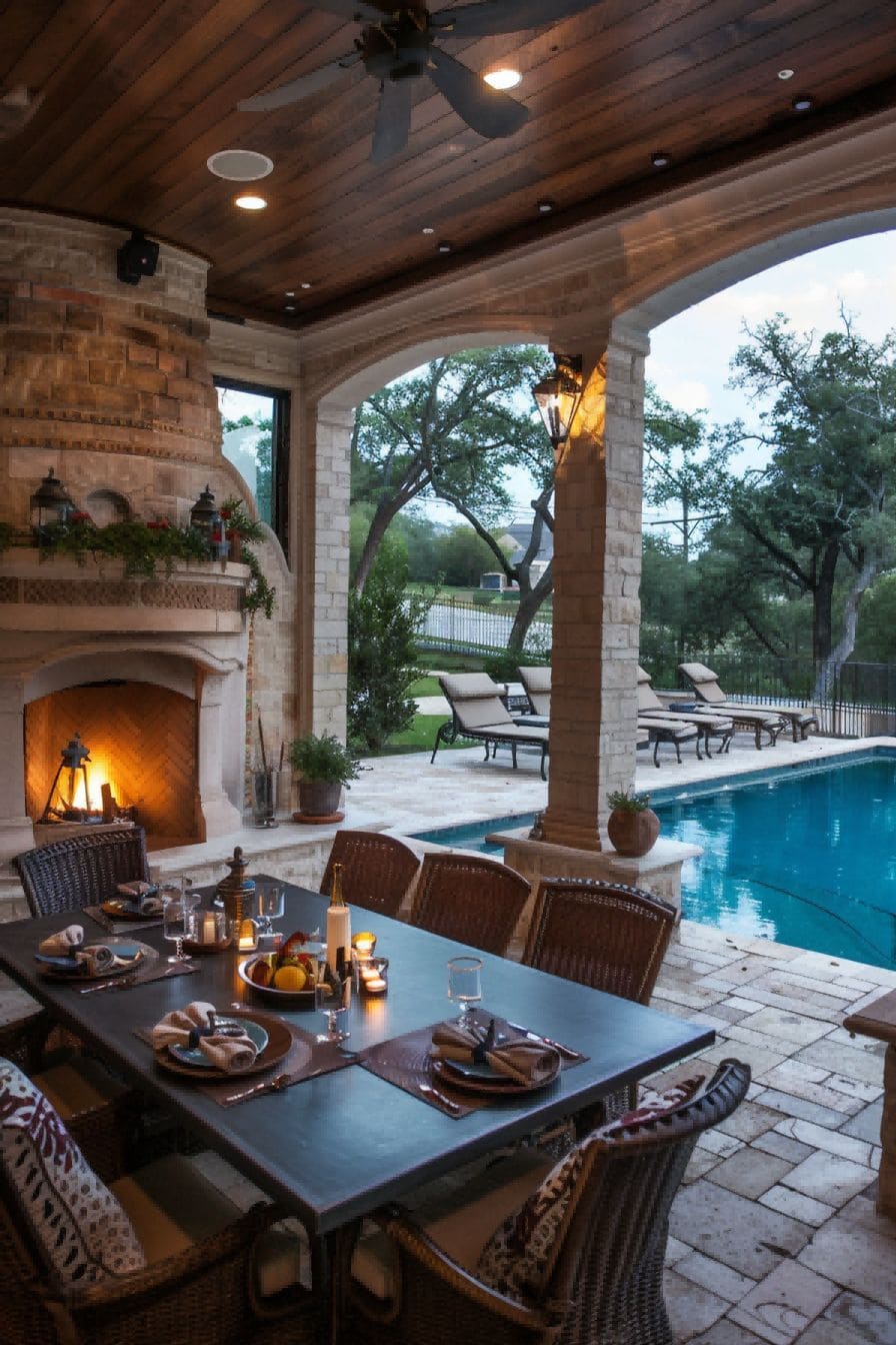 Outdoor Dining Area With Fireplace and pool 1710506774 2