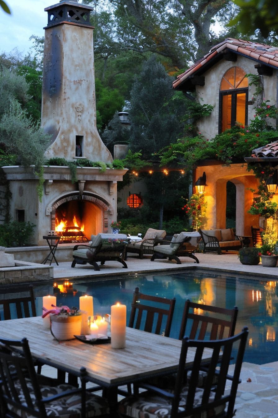 Outdoor Dining Area With Fireplace and pool 1710506774 3