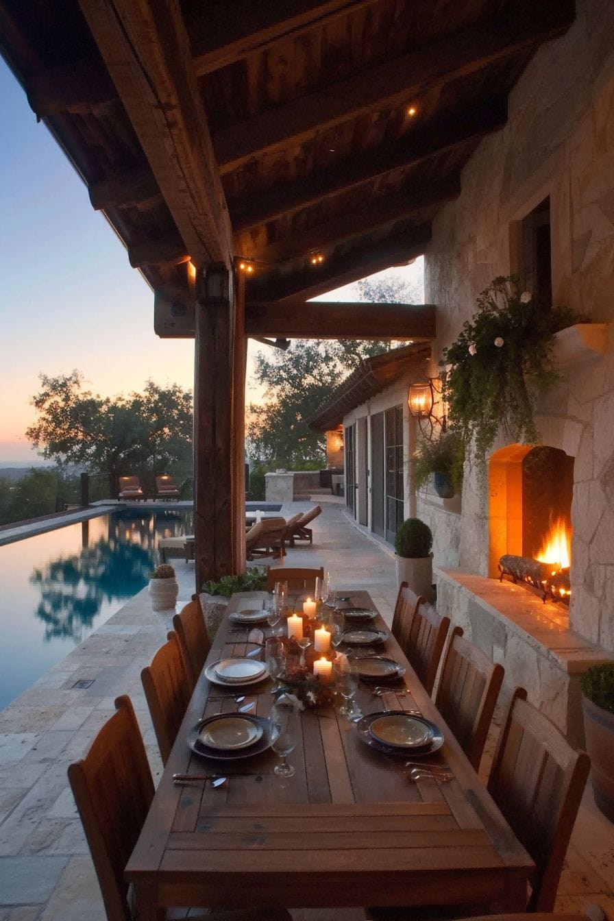 Outdoor Dining Area With Fireplace and pool 1710506774 4