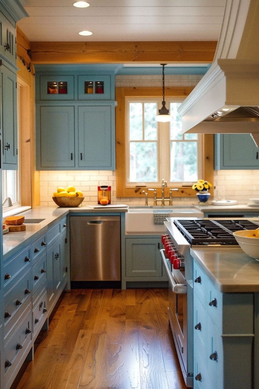 Steel Blue Mustard Yellow Oak Cabinets For Kitchen 1712888617 2