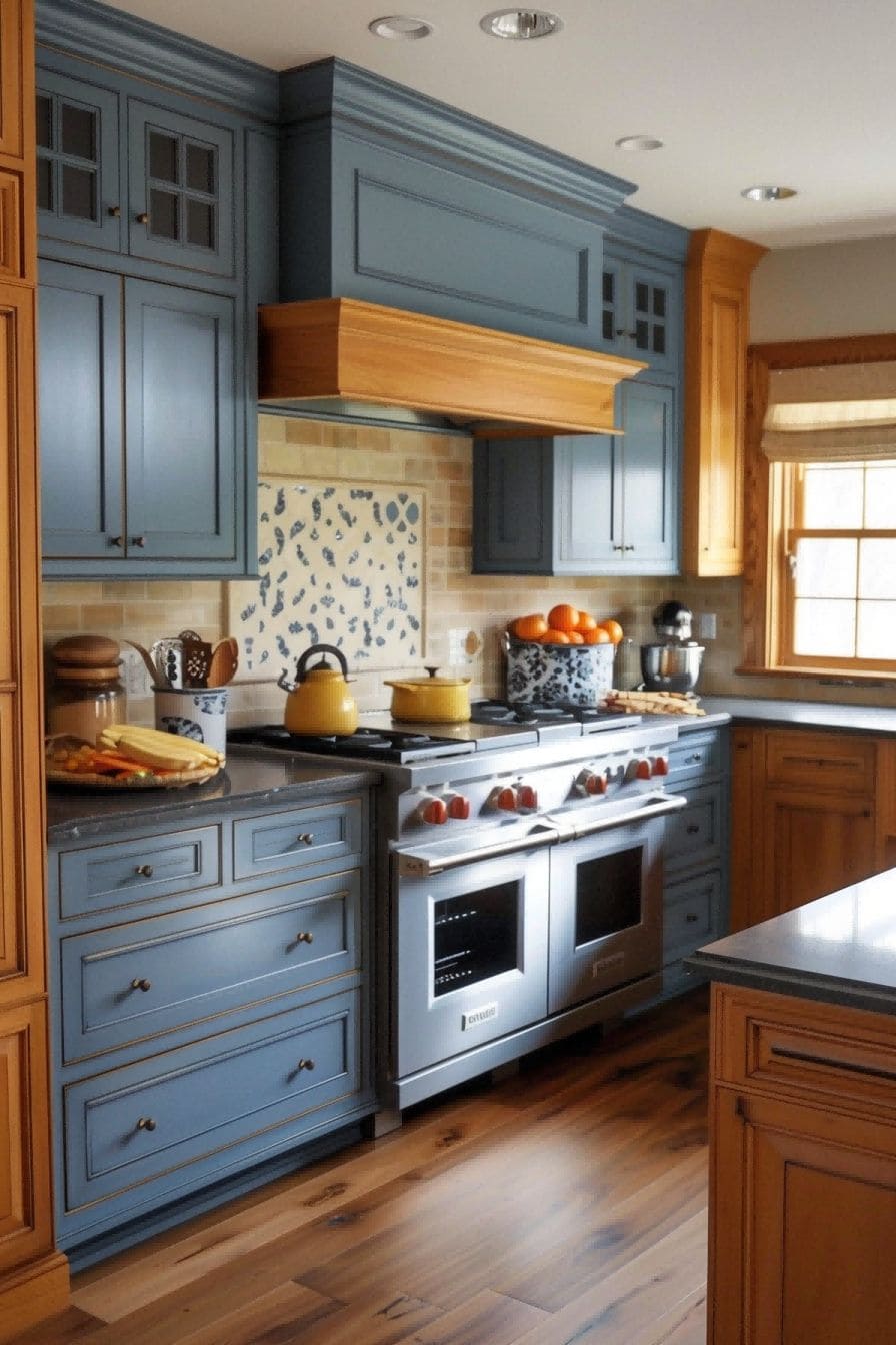 Steel Blue Mustard Yellow Oak Cabinets For Kitchen 1712888617 3