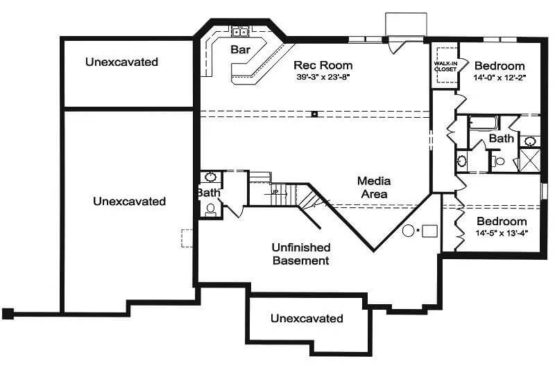 Lower level layout showcasing two bedrooms and a recreation room with a wet bar.