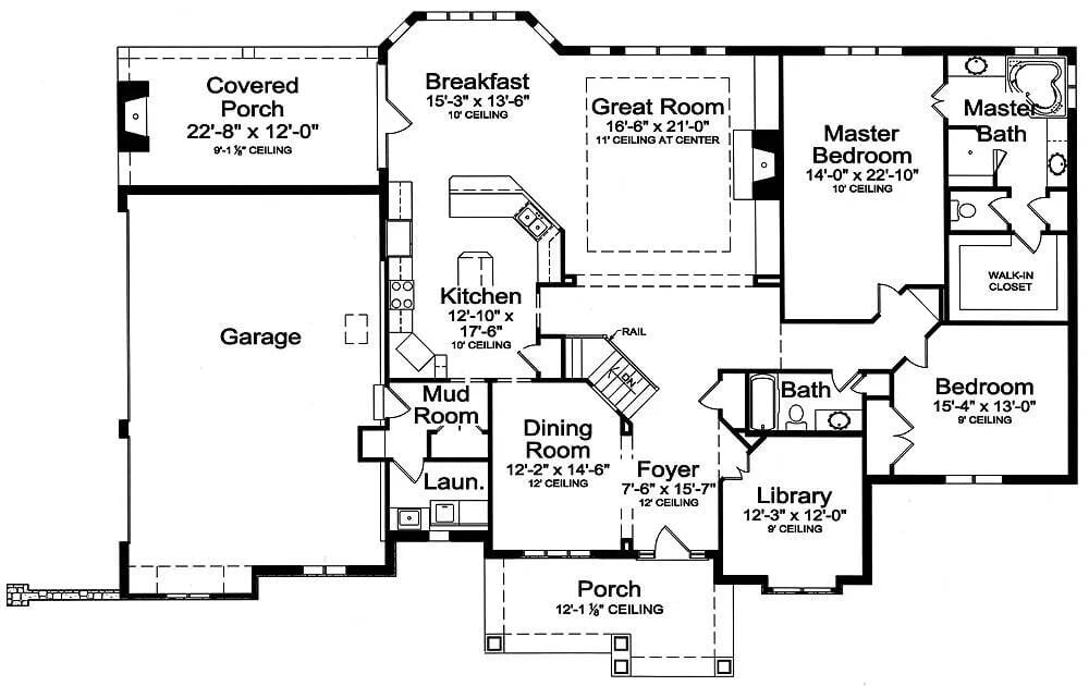 Main level layout of the Hunter's Bay 2-bedroom single-story traditional home featuring a foyer, library, dining room, great room, kitchen, breakfast nook, two bedrooms, and a mudroom leading to the garage.