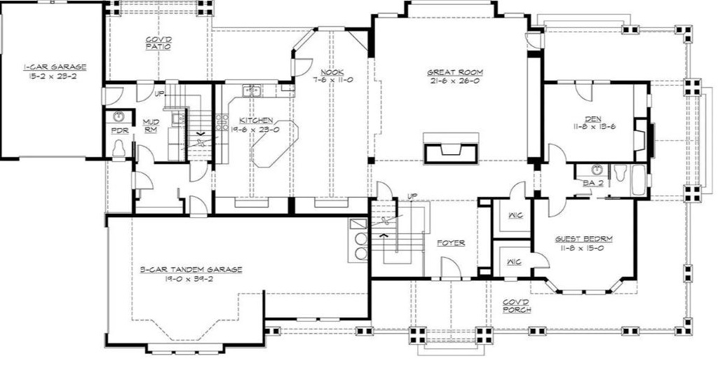 Main level floor plan of a 4-bedroom craftsman style Bainbridge home with foyer, great room, kitchen, dining nook, den, guest bedroom, and mudroom leading to the garages.