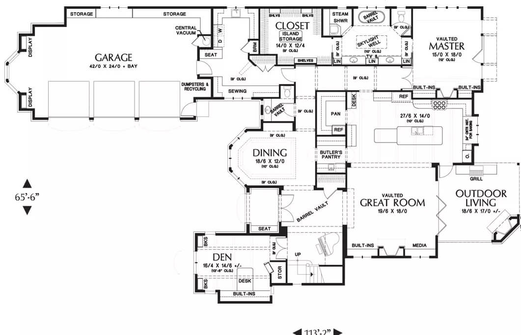 Main level floor plan of the South Burlington two-story 3-bedroom storybook style cottage with great room, dining room, den, kitchen, primary suite, and mudroom leading to the 3-car garage.