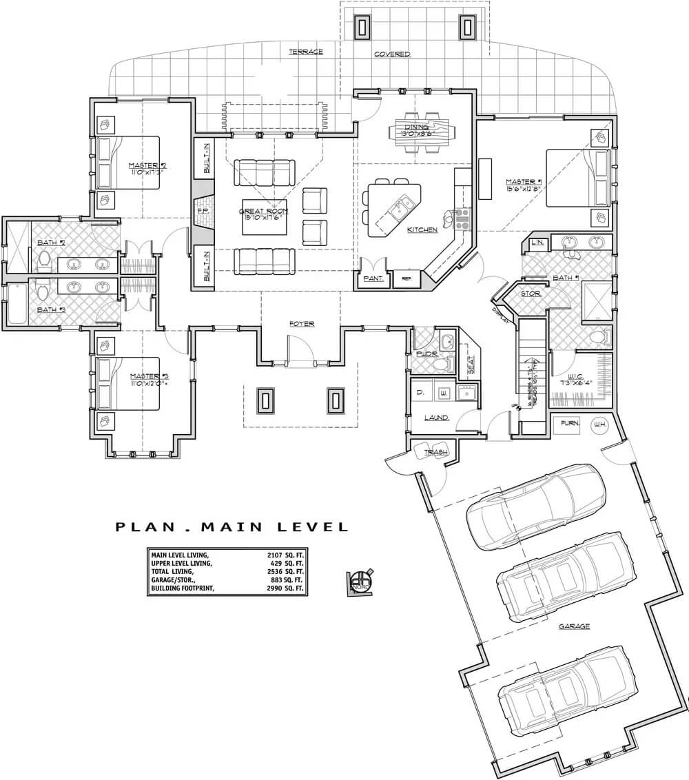 Main level floor plan of a craftsman style 3-bedroom single-story home featuring a foyer, great room, kitchen, dining room, three primary suites, and an angled 3-car garage.