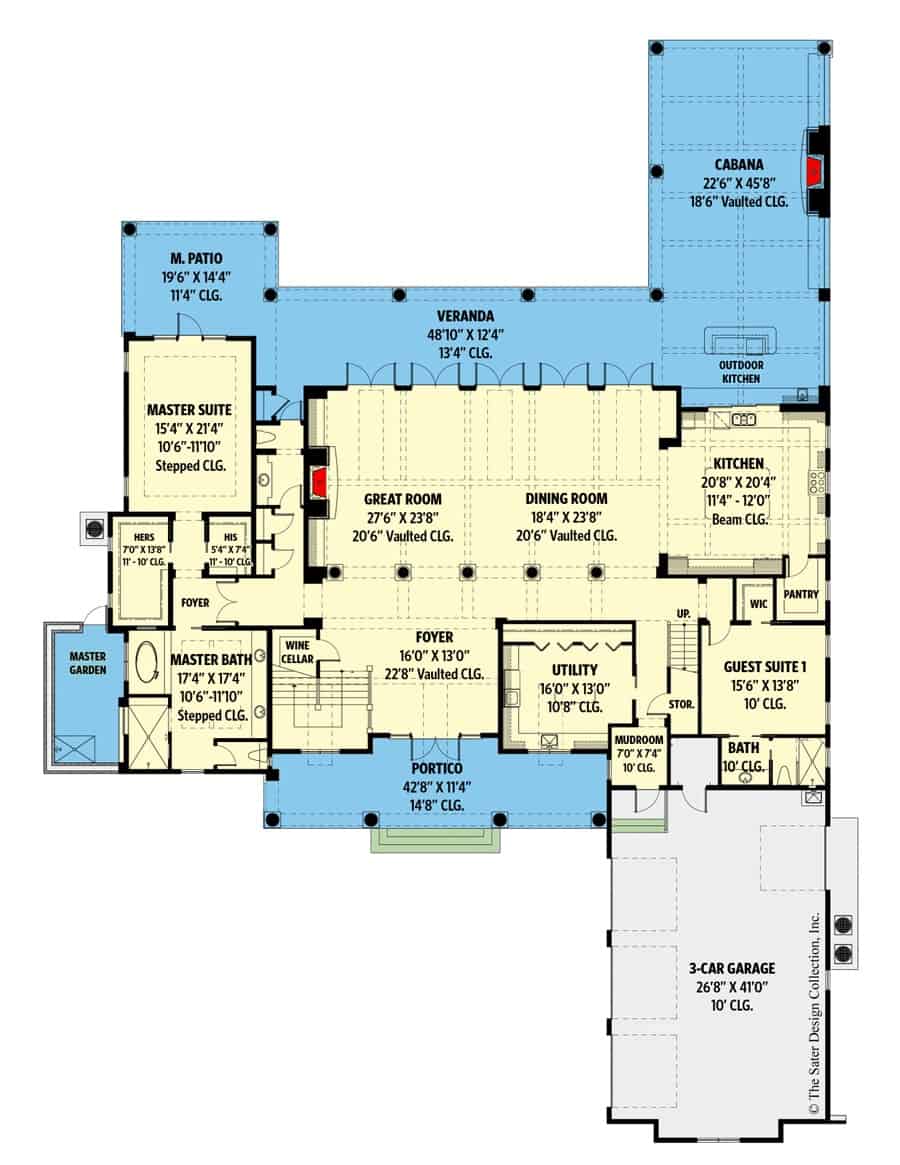 Main level floor plan of a Southern two-story 4-bedroom tidewater style home