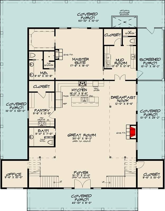 Main level floor plan featuring a wrap-around covered porch, great room, kitchen with a walk-in pantry, office, primary suite, and mudroom with a closet and a half bath.