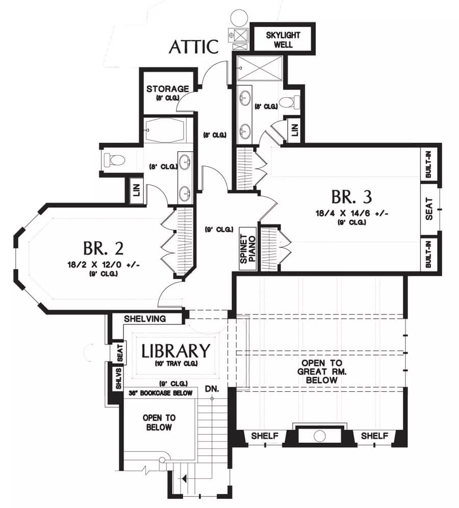 Second level floor plan with two bedrooms and a library.