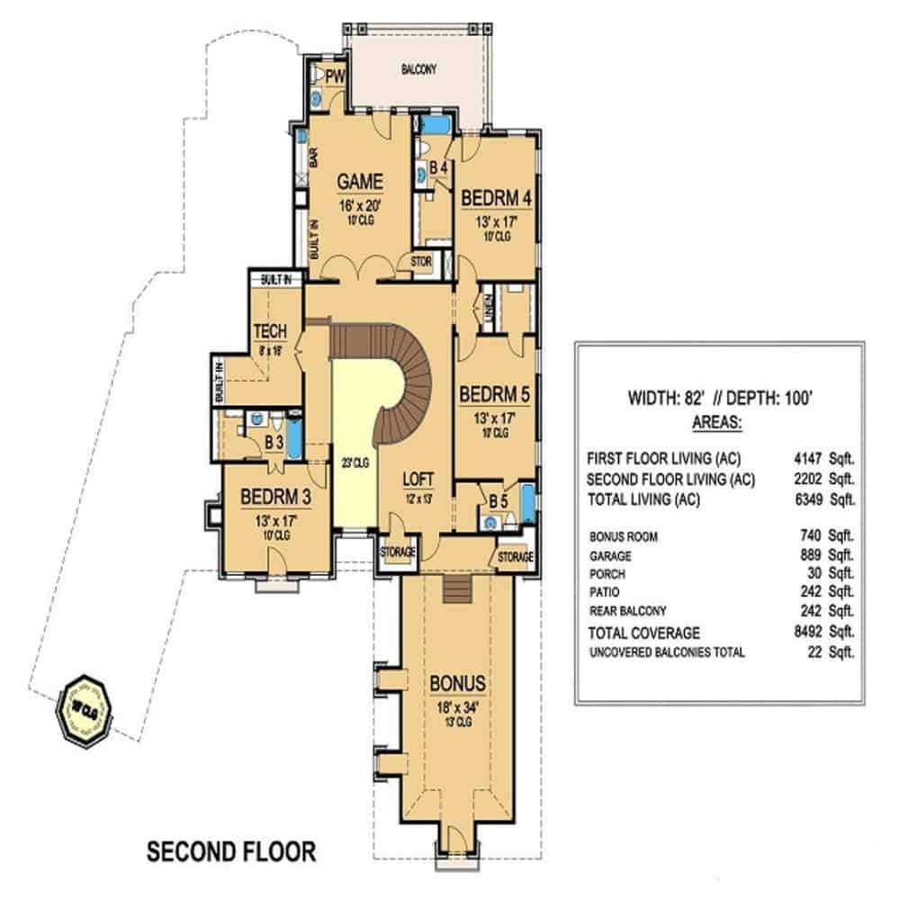 Second Level Floor Plan Mediterranean Home