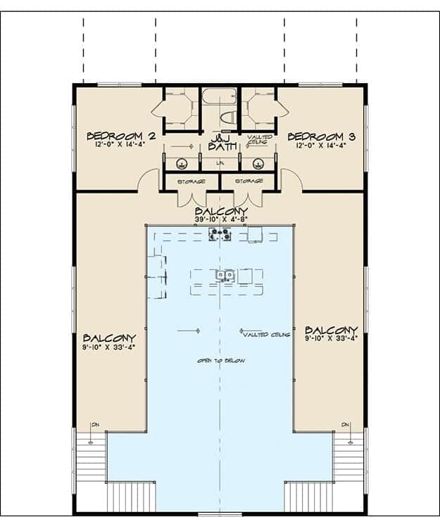 Upper level floor plan consisting of storage rooms, two additional bedrooms sharing a Jack and Jill bathroom, and a U-shaped balcony overlooking the main living area.