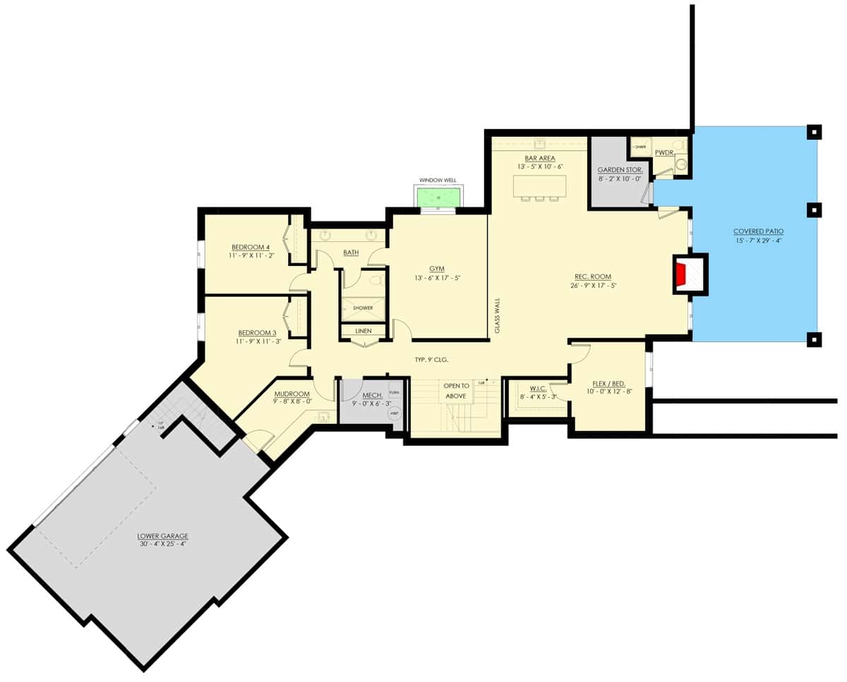 Lower level layout featuring three bedrooms, a gym, a recreational room with a bar, and a mudroom leading to the garage on the lower level.