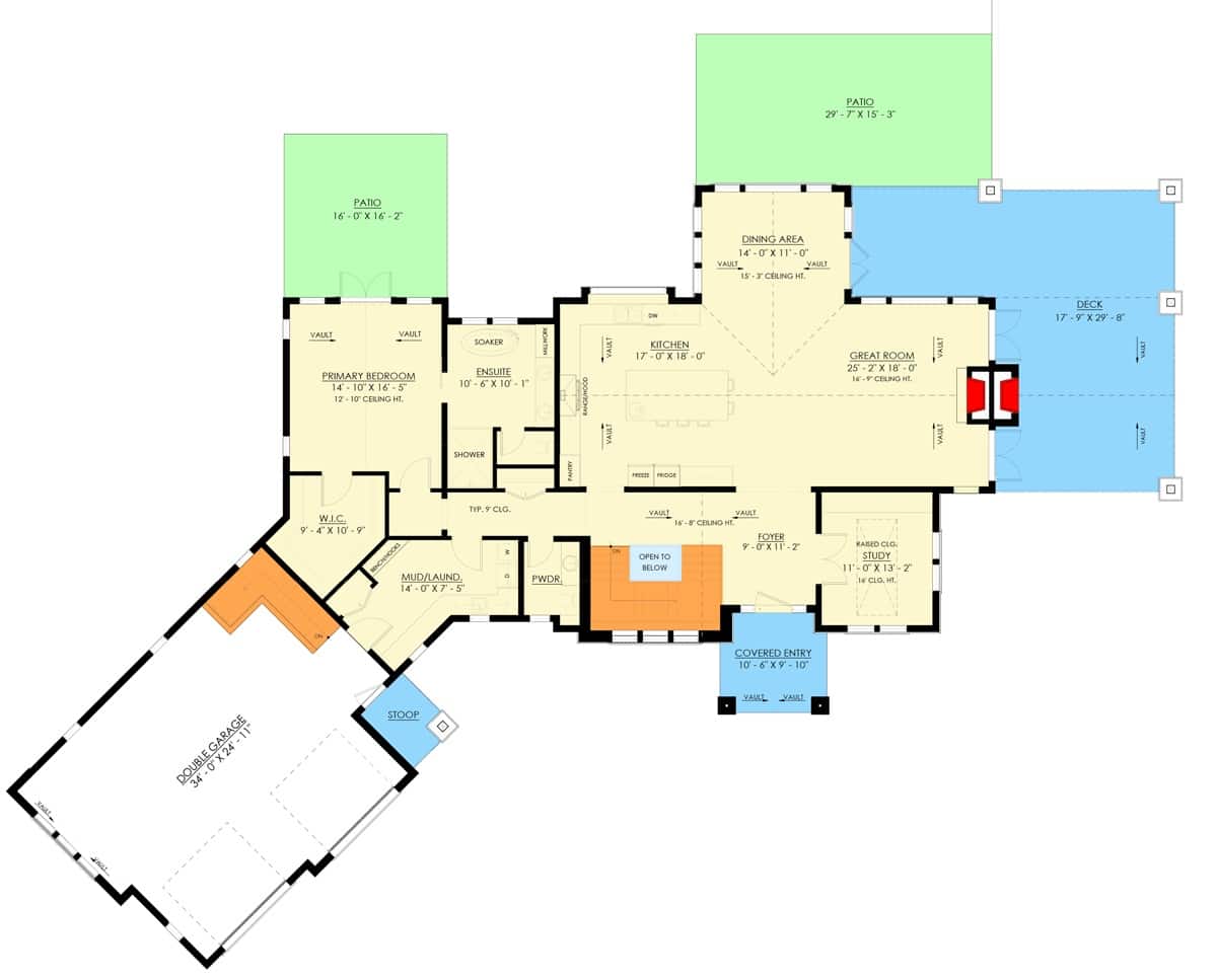 Main floor layout of a contemporary single-story 5-bedroom farmhouse featuring a foyer, great room, dining area, kitchen, study, primary suite, and a mudroom/laundry connecting to the angled garage.