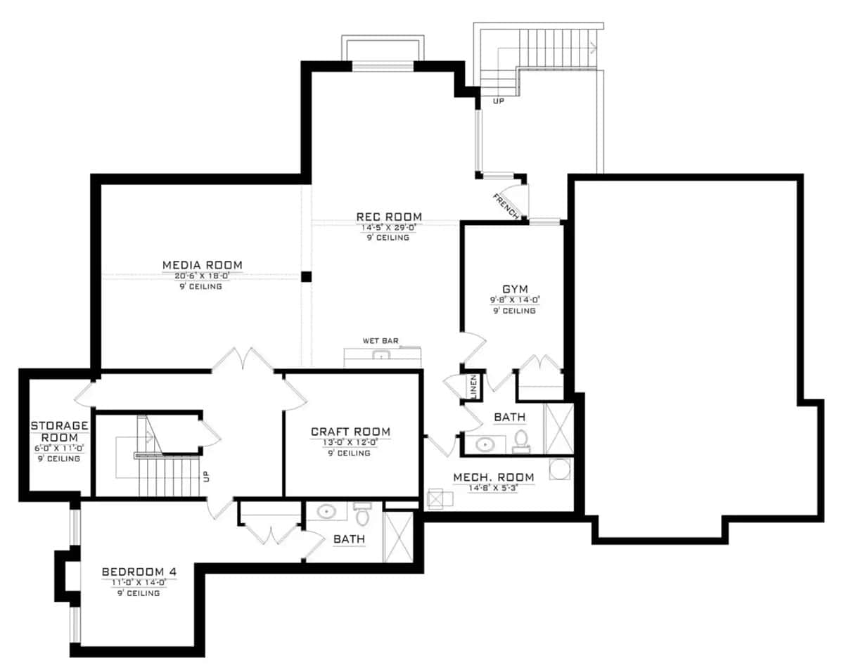 Lower level floor plan featuring a bedroom, craft area, media room, gym, and rec room with wet bar.