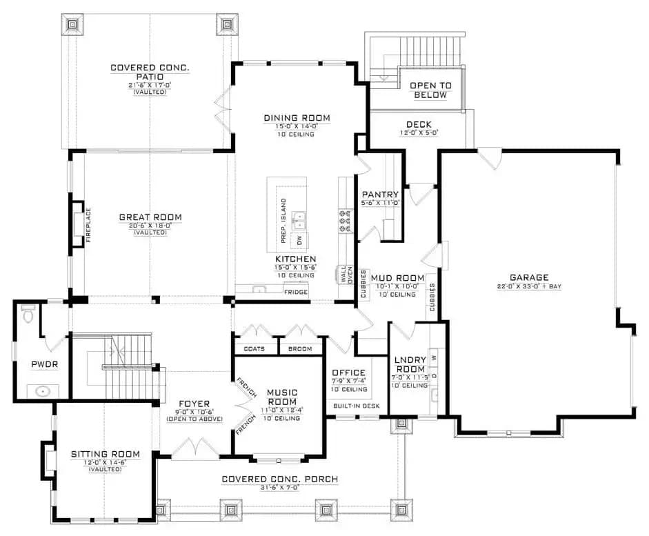 Floor plan of the main level in the Crescent Bay Craftsman home featuring foyer, music room, sitting room, great room, kitchen, dining room, office, and garage mudroom.