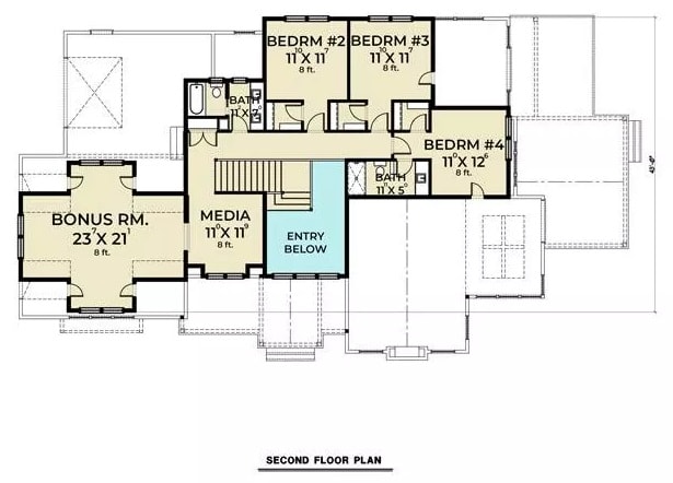 Upper level floor plan displaying three bedrooms, a media room, and a bonus room.