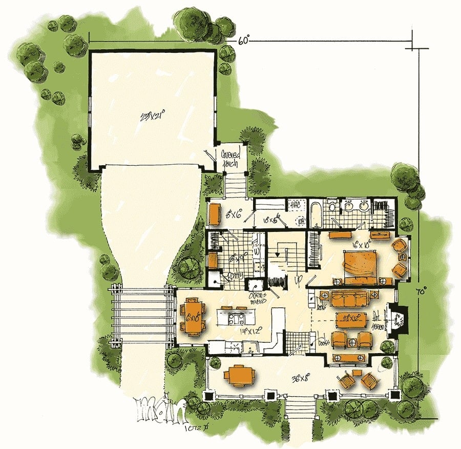 Main level floor plan of a 3-bedroom two-story country home featuring a wide front porch, living room, shared dining and kitchen, utility room, primary suite, and back porch connecting the garage to the main house.