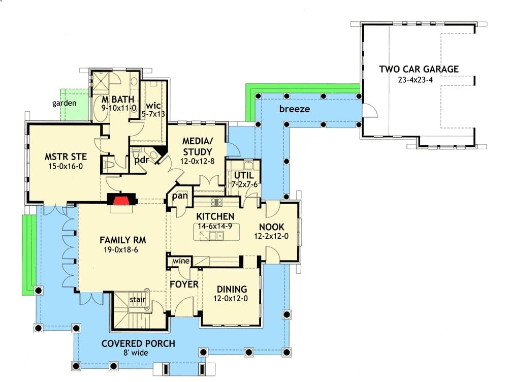 main level xfloor plan two story 3 bedroom cedar stone cottage with wraparound porch and garage feb2