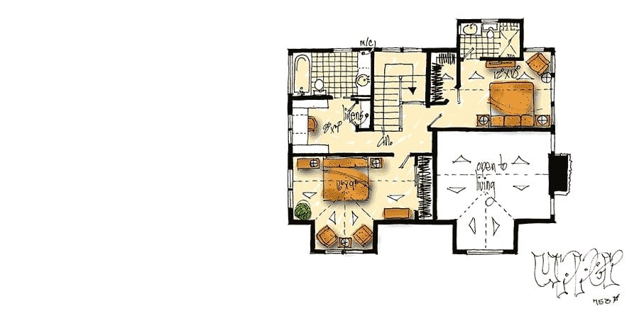 Second level floor plan showcasing two bedrooms, each with their own bathrooms and walk-in closets.