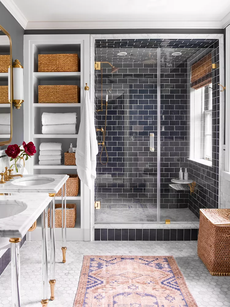 39 Breathtaking Walk-In Shower Ideas for Any Size Bathroom 7 bathroom dark brick marble