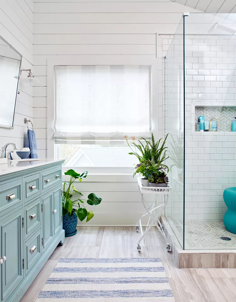 27 Bathroom Color Ideas with Striking Style 3 ship lap walls glassed shower bathroom