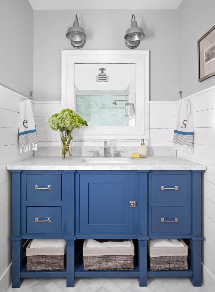 21 Stunning Bathroom Backsplash Ideas for Every Style 46 wood plank walls blue vanity