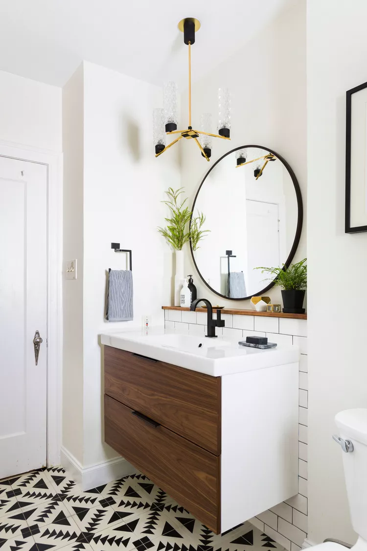 33 Examples of Beautiful Mid-Century Modern Bathrooms 2 black white bathroom floor tile black round mirror