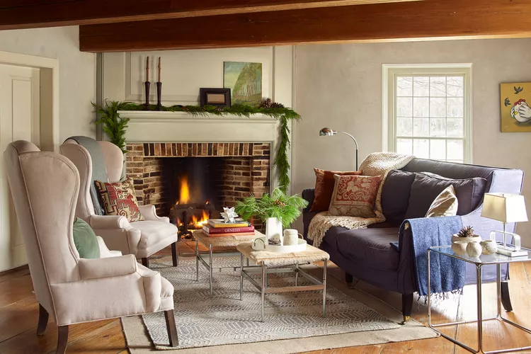 30 Inspiring Corner Fireplace Designs to Warm Up Your Living Room 1 farmhouse living room corner fireplace wood beams beige Flebut LivingRoom