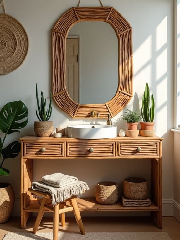 19 Gorgeous Makeup Vanity Ideas to Match Any Aesthetic 6 boho rattan earthy accents