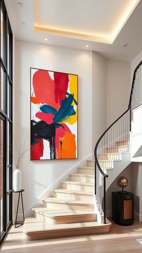 How to Style a Staircase Wall: 26 Inspiring Decor Ideas 7 bold staircase artwork display