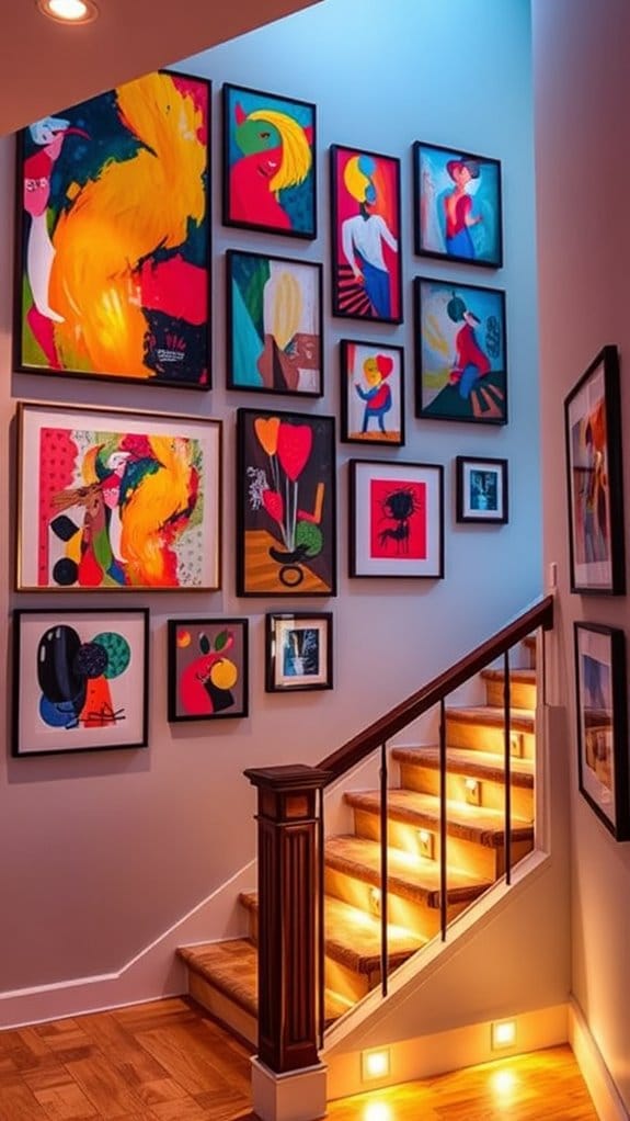 How to Style a Staircase Wall: 26 Inspiring Decor Ideas 20 colorful energetic art display