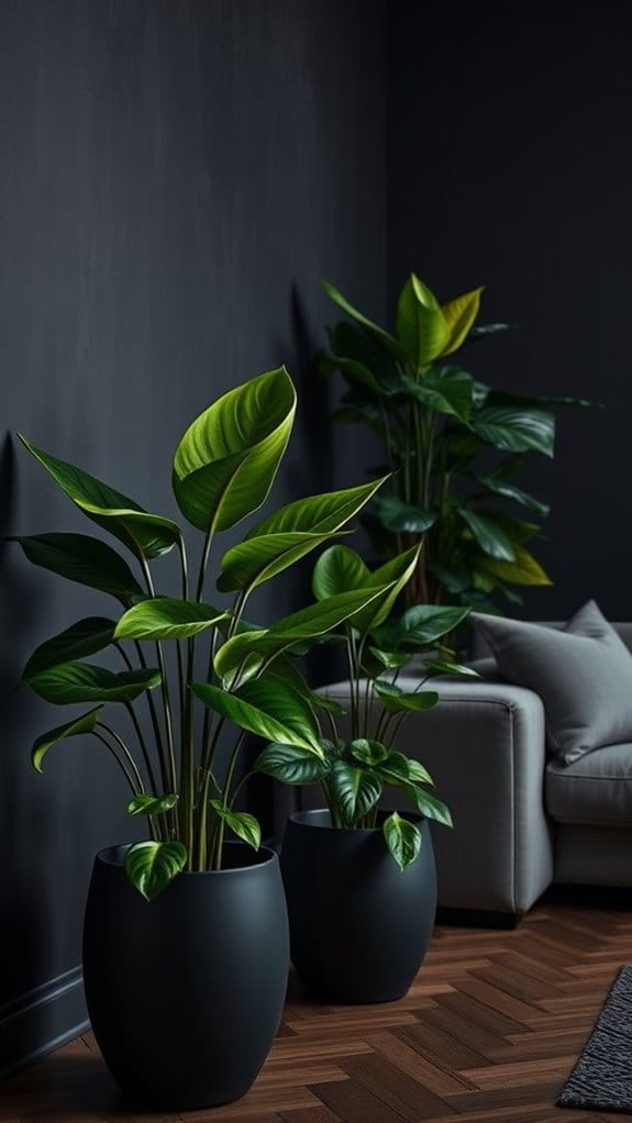 22 Dark and Moody Living Room Ideas You’ll Fall in Love With 20 dark planters lush greenery