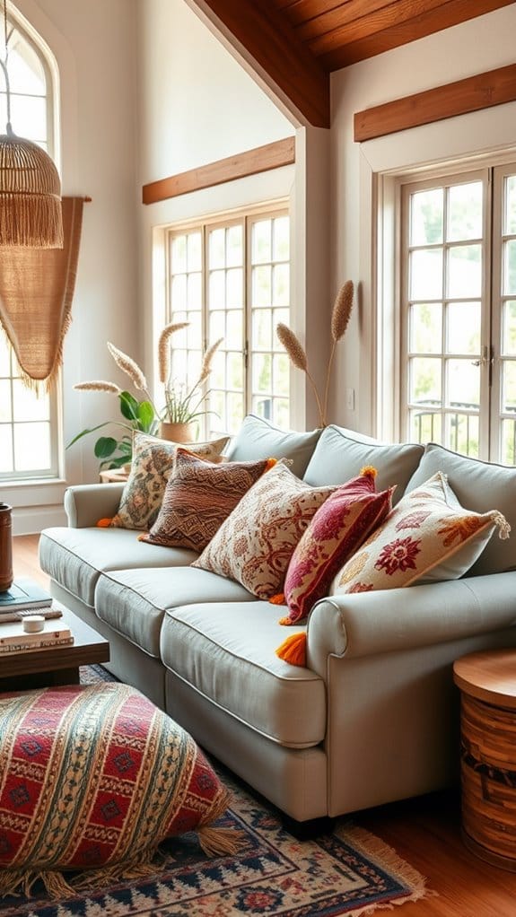 22 Modern Boho Living Room Ideas You'll Absolutely Love 3 eclectic textured pillow layering