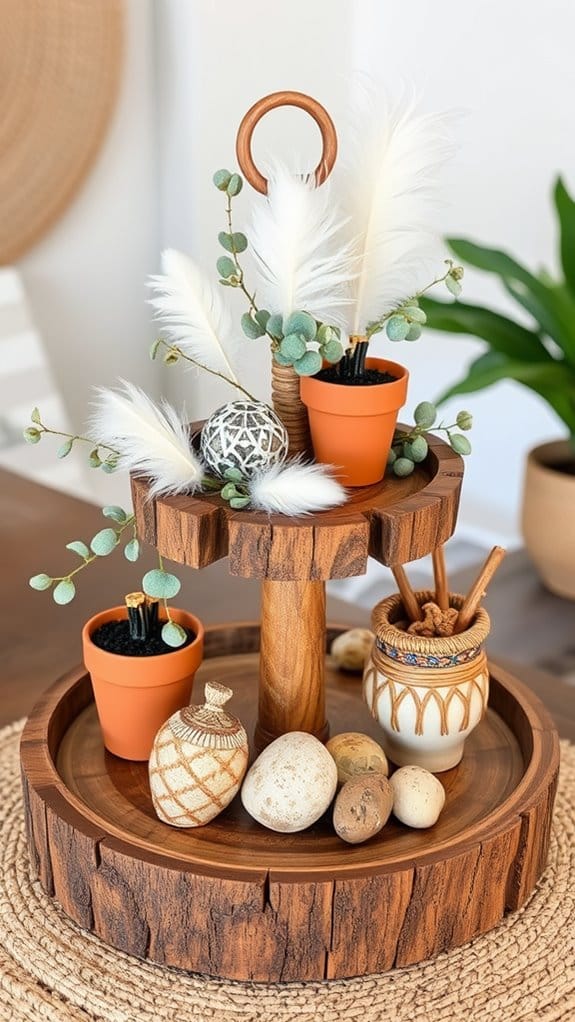 24 Unique Tiered Tray Decor Ideas Anyone Can Recreate 12 feathers natural elements earthy textures