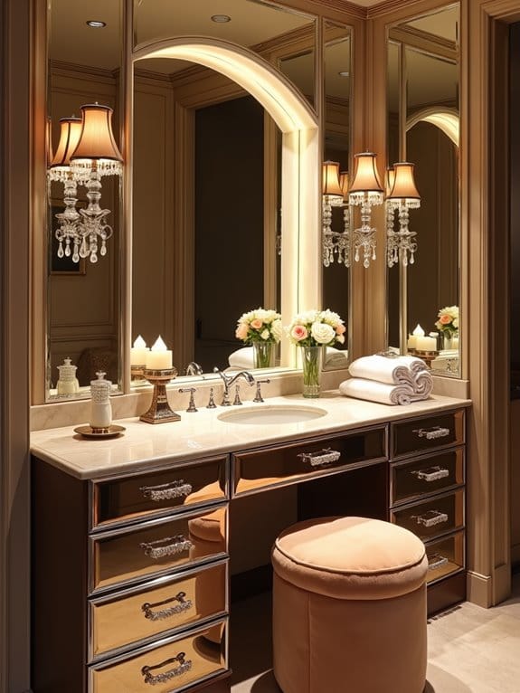 19 Gorgeous Makeup Vanity Ideas to Match Any Aesthetic 5 glamorous mirrored vanity decor