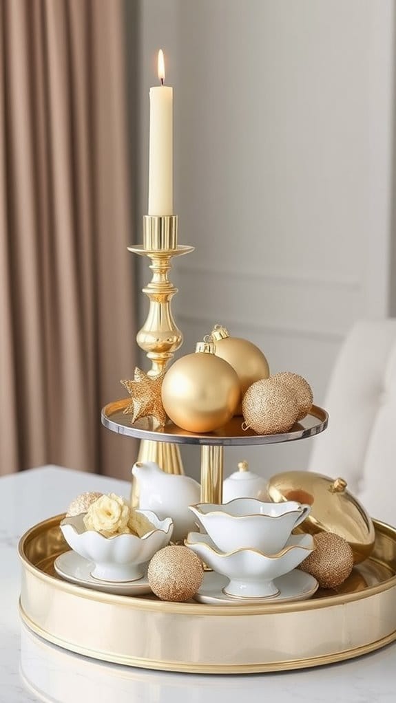 24 Unique Tiered Tray Decor Ideas Anyone Can Recreate 16 gold accents elevate glam
