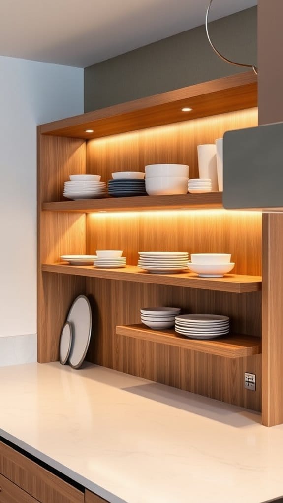 28 Stylish & Functional Kitchen Countertop Ideas to Try Now 26 hidden storage behind open shelves