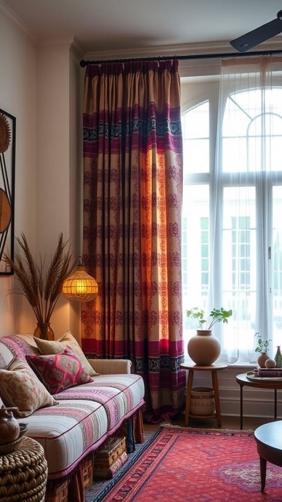 22 Modern Boho Living Room Ideas You'll Absolutely Love 6 layered patterned curtain decor