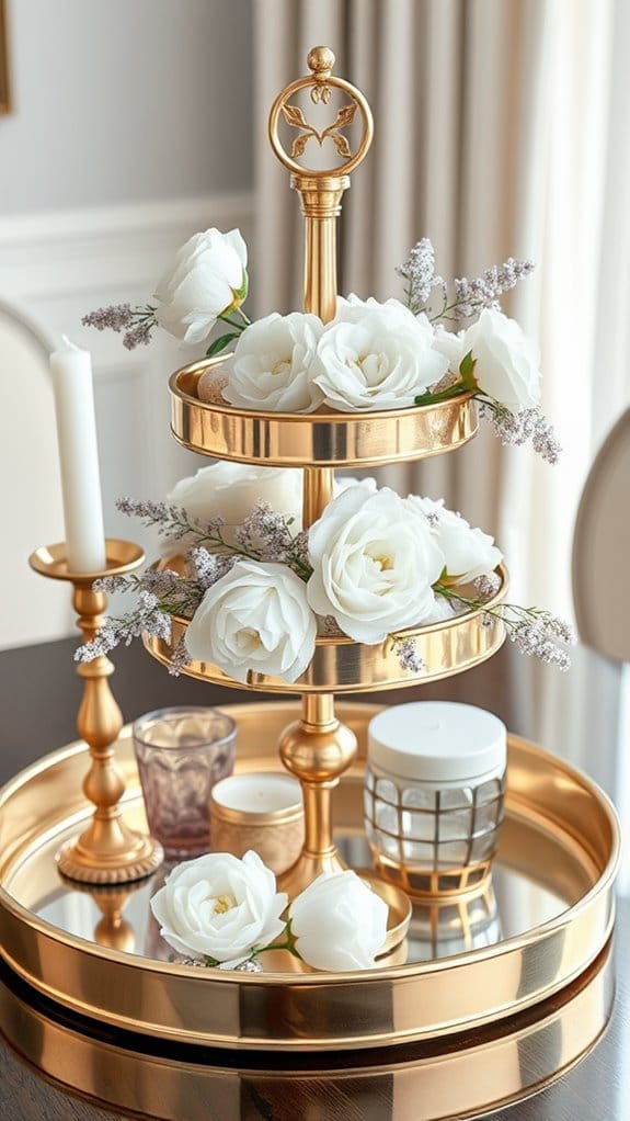 24 Unique Tiered Tray Decor Ideas Anyone Can Recreate 7 luxurious metallic tray with faux flowers