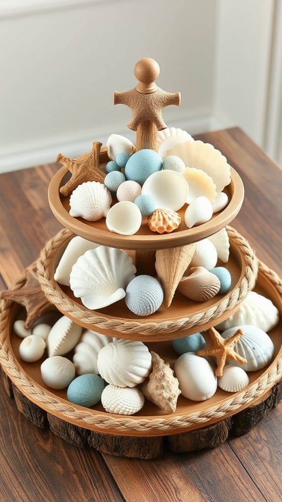 24 Unique Tiered Tray Decor Ideas Anyone Can Recreate 14 nautical seashells rope accents