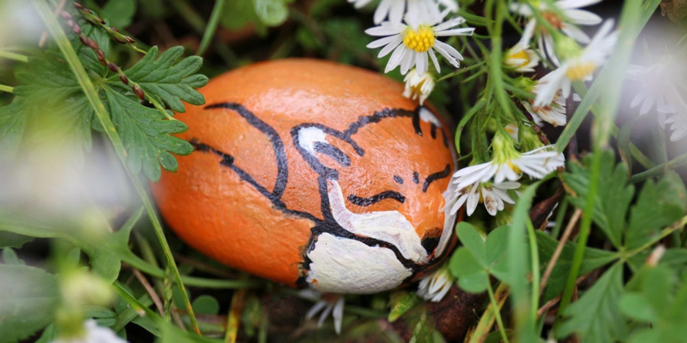15 Easy DIY Garden Stone Ideas to Elevate Your Landscape 16 painted garden stone in grass featuring sleeping orange