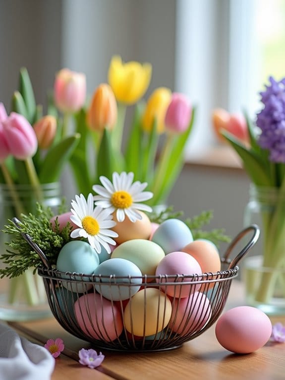 15 Beautiful Spring Table Centerpiece Ideas You Can Copy Today 10 pastel eggs and blooms