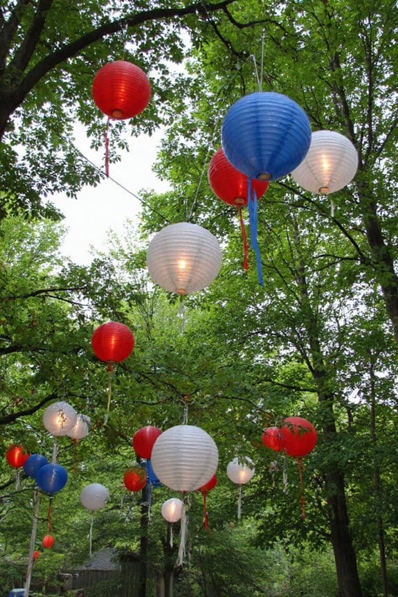 16 Easy Outdoor 4th of July Decor Ideas to Set the Scene 3 patriotic lanterns illuminate outdoors