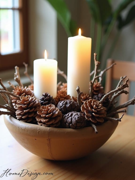 20 Simple Yet Stunning Dough Bowl Centerpiece Ideas to Try 11 rustic pinecone twig candles