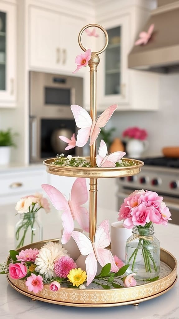 24 Unique Tiered Tray Decor Ideas Anyone Can Recreate 21 spring floral butterfly decor